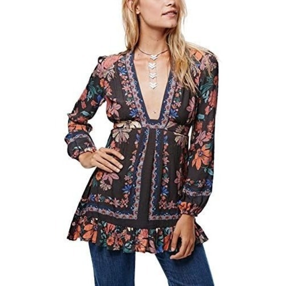 Free People Violet Hill boho dark floral v neck tunic size 10